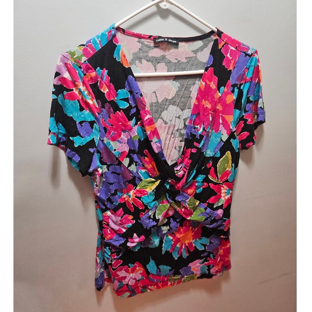 Cable & Gauge Floral Twist Front Top Large Black Pink Viscose